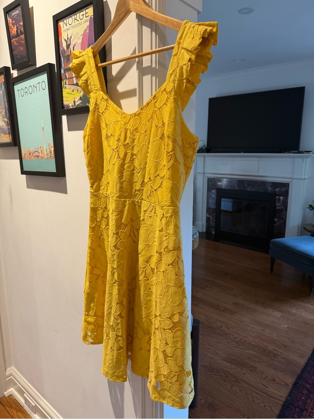 Monteau Yellow Lace Ruffle Sleeve Mini Dress